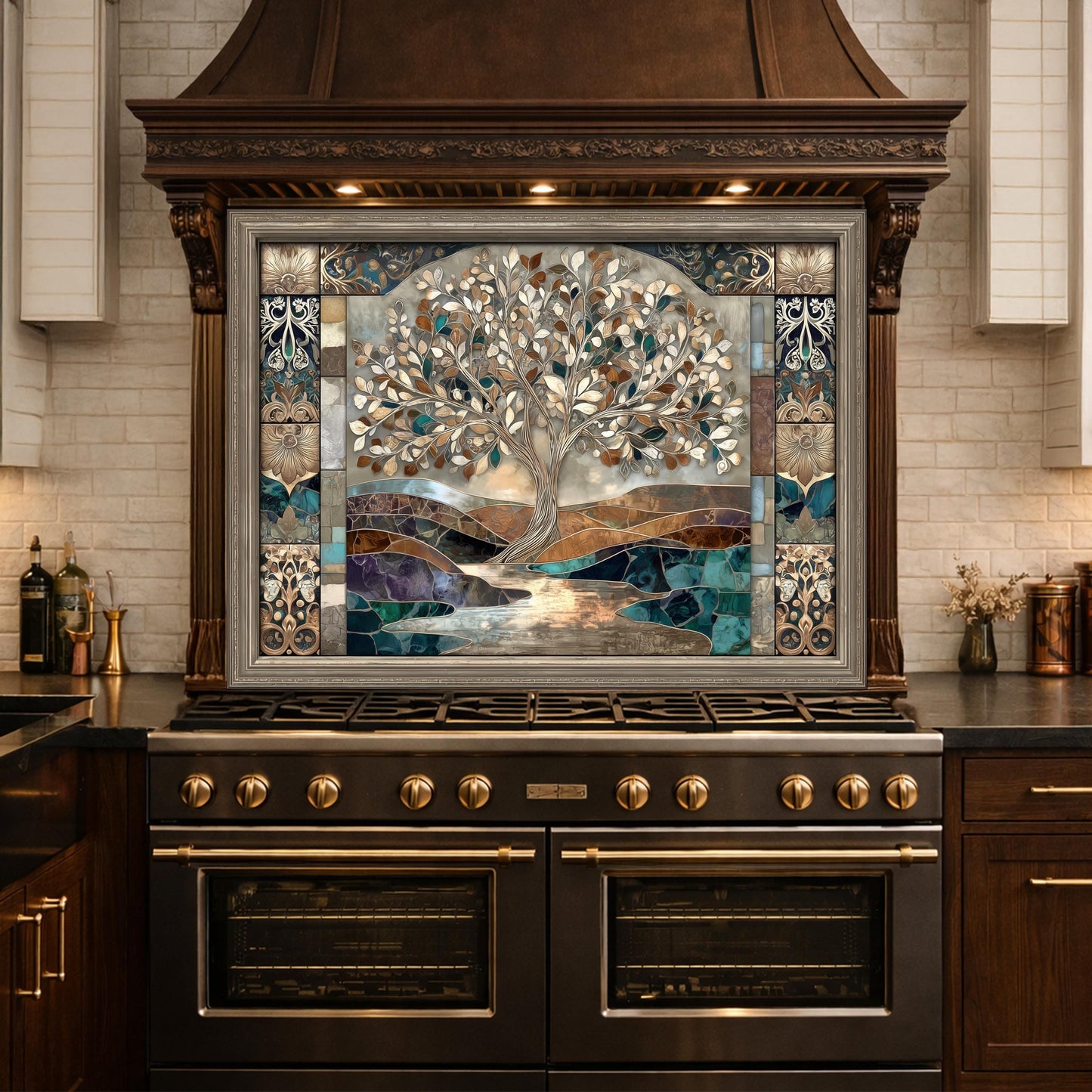 Tree of Life Glass Backsplash, Mosaic Art Kitchen Wall Panel Blue Gold