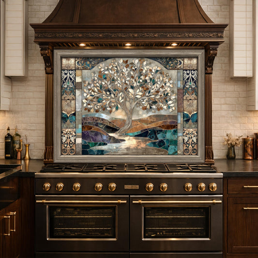 Tree of Life Glass Backsplash, Mosaic Art Kitchen Wall Panel Blue Gold