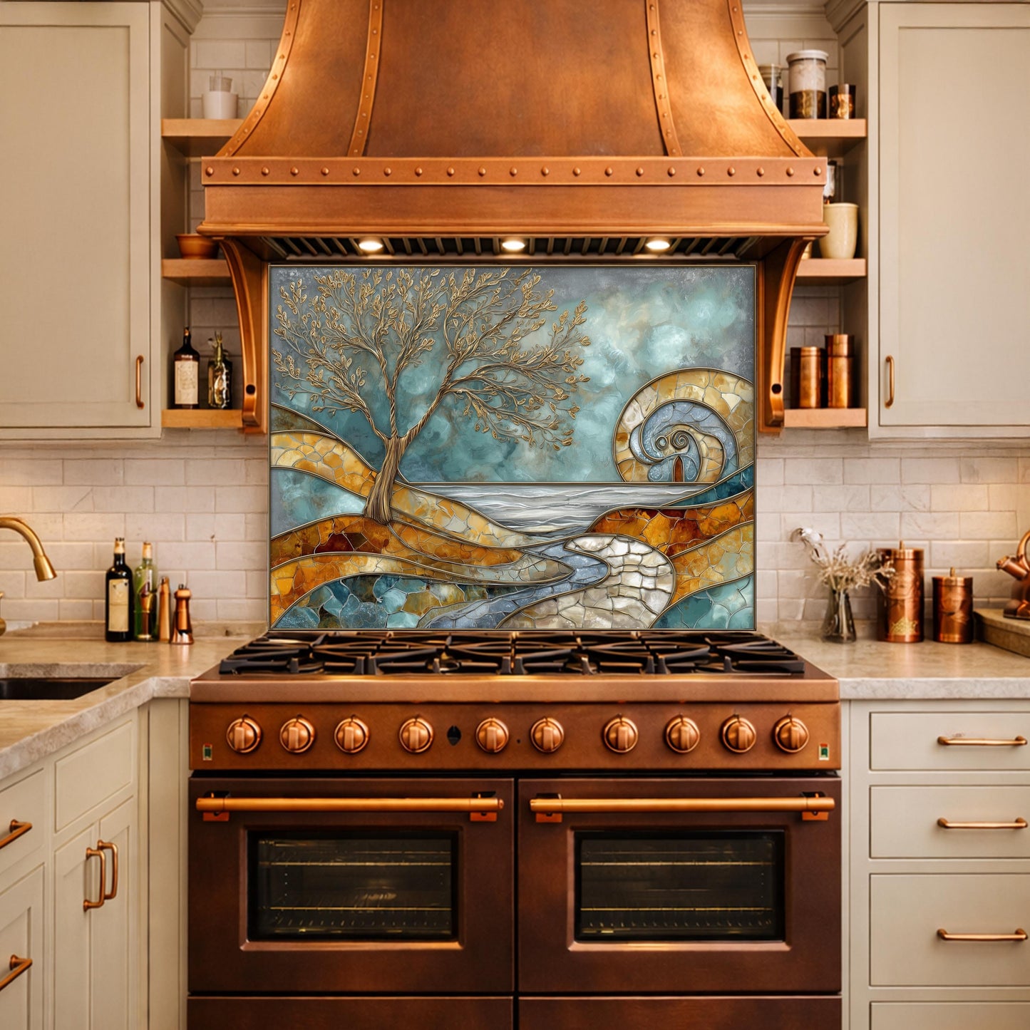 Abstract Tree Glass Backsplash, Blue Gold Landscape Kitchen Wall Panel