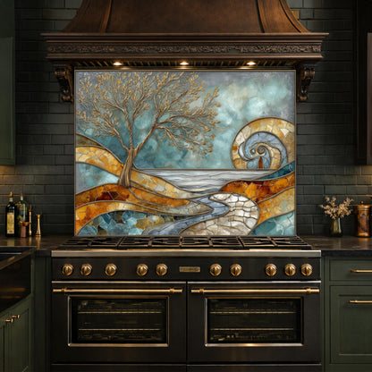 Abstract Tree Glass Backsplash, Blue Gold Landscape Kitchen Wall Panel