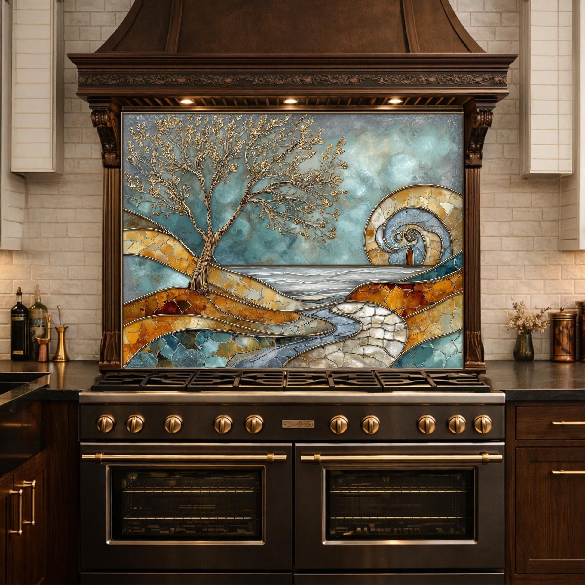 Abstract Tree Glass Backsplash, Blue Gold Landscape Kitchen Wall Panel