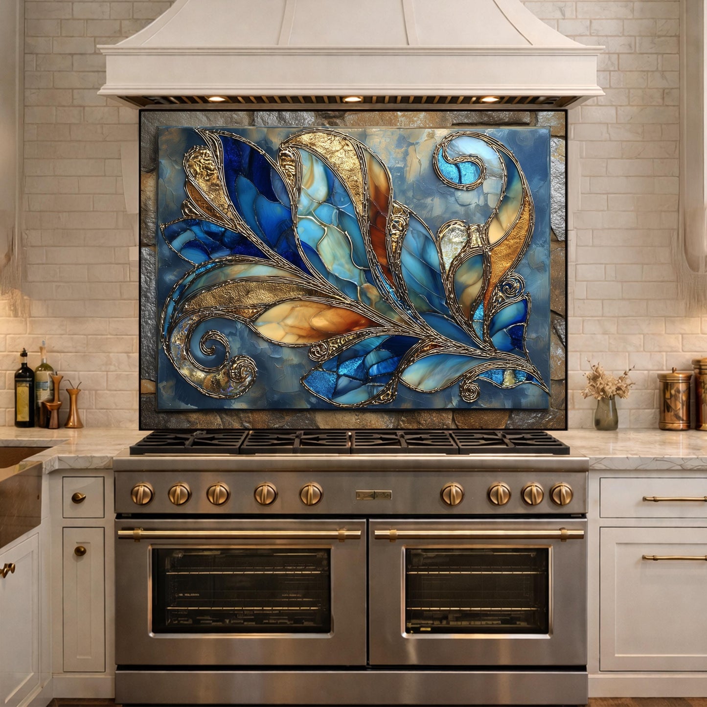 Abstract Blue Gold Glass Backsplash, Modern Art Kitchen Wall Panel Decor