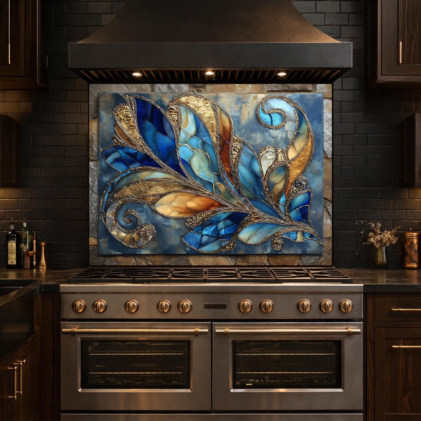 Abstract Blue Gold Glass Backsplash, Modern Art Kitchen Wall Panel Decor