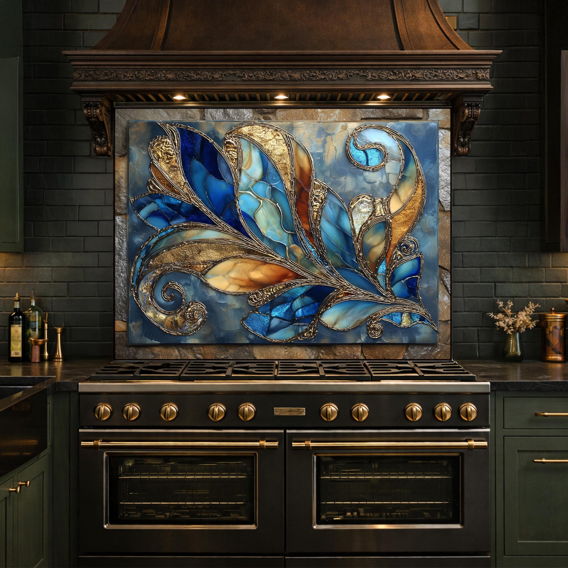 Abstract Blue Gold Glass Backsplash, Modern Art Kitchen Wall Panel Decor
