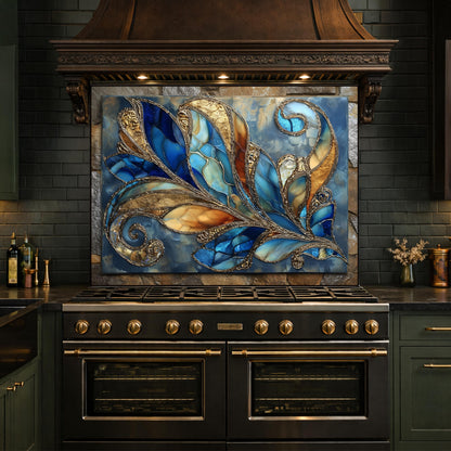 Abstract Blue Gold Glass Backsplash, Modern Art Kitchen Wall Panel Decor