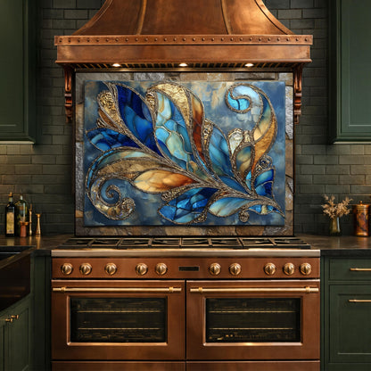 Abstract Blue Gold Glass Backsplash, Modern Art Kitchen Wall Panel Decor