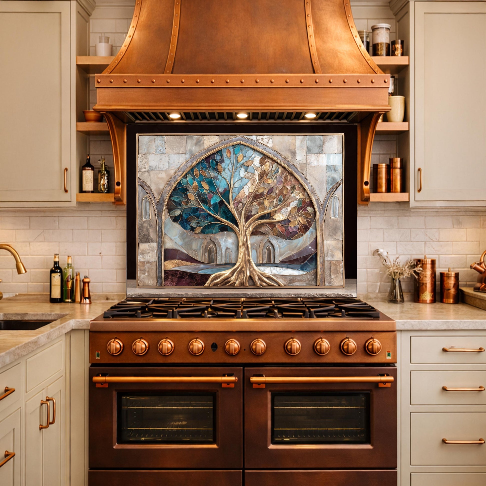 Tree of Life Glass Backsplash, Stained Glass Arch Kitchen Wall Panel