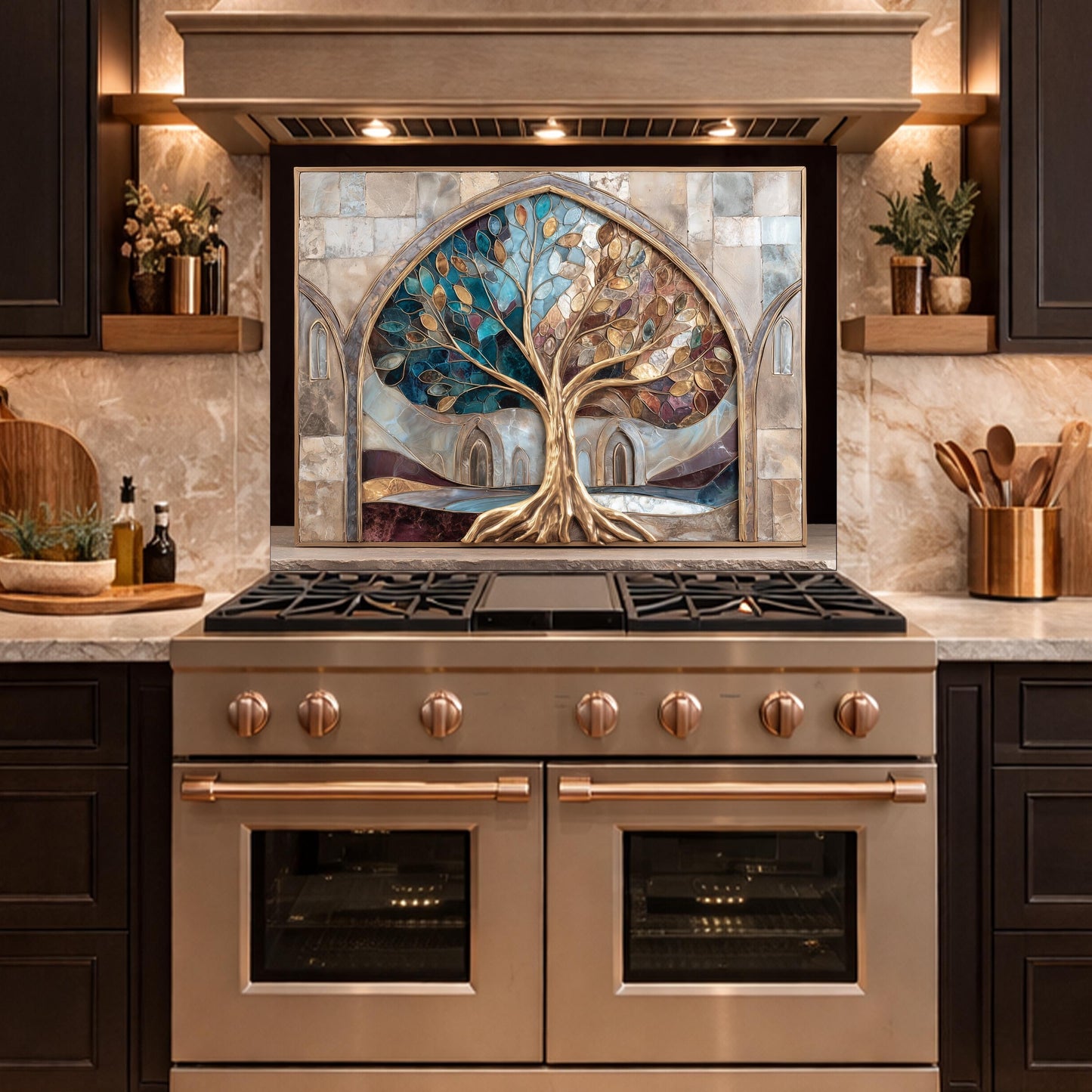 Tree of Life Glass Backsplash, Stained Glass Arch Kitchen Wall Panel