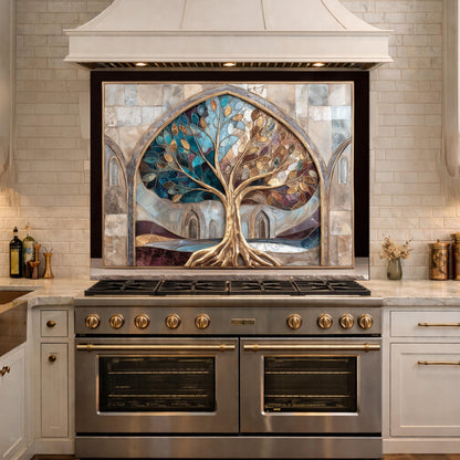Tree of Life Glass Backsplash, Stained Glass Arch Kitchen Wall Panel