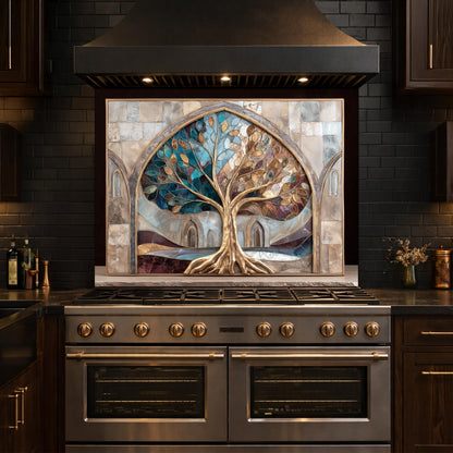 Tree of Life Glass Backsplash, Stained Glass Arch Kitchen Wall Panel