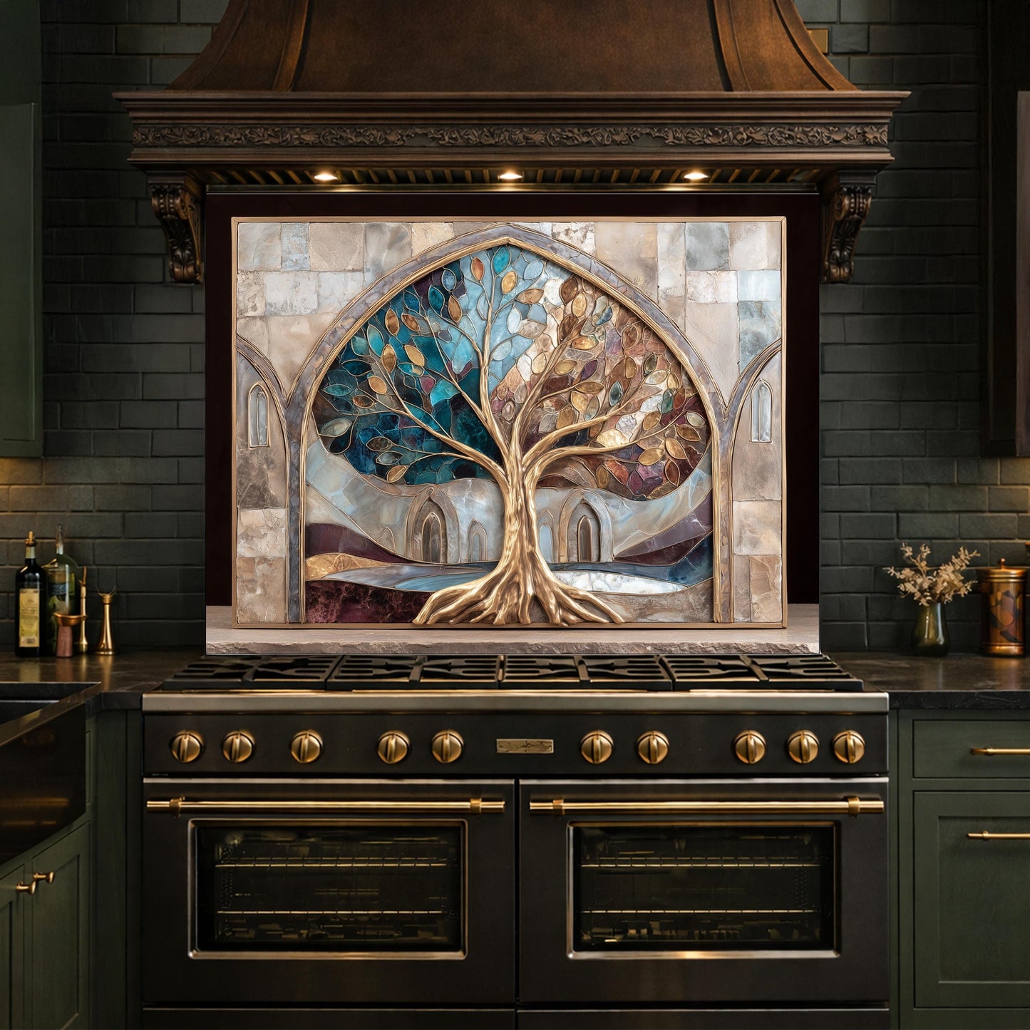 Tree of Life Glass Backsplash, Stained Glass Arch Kitchen Wall Panel