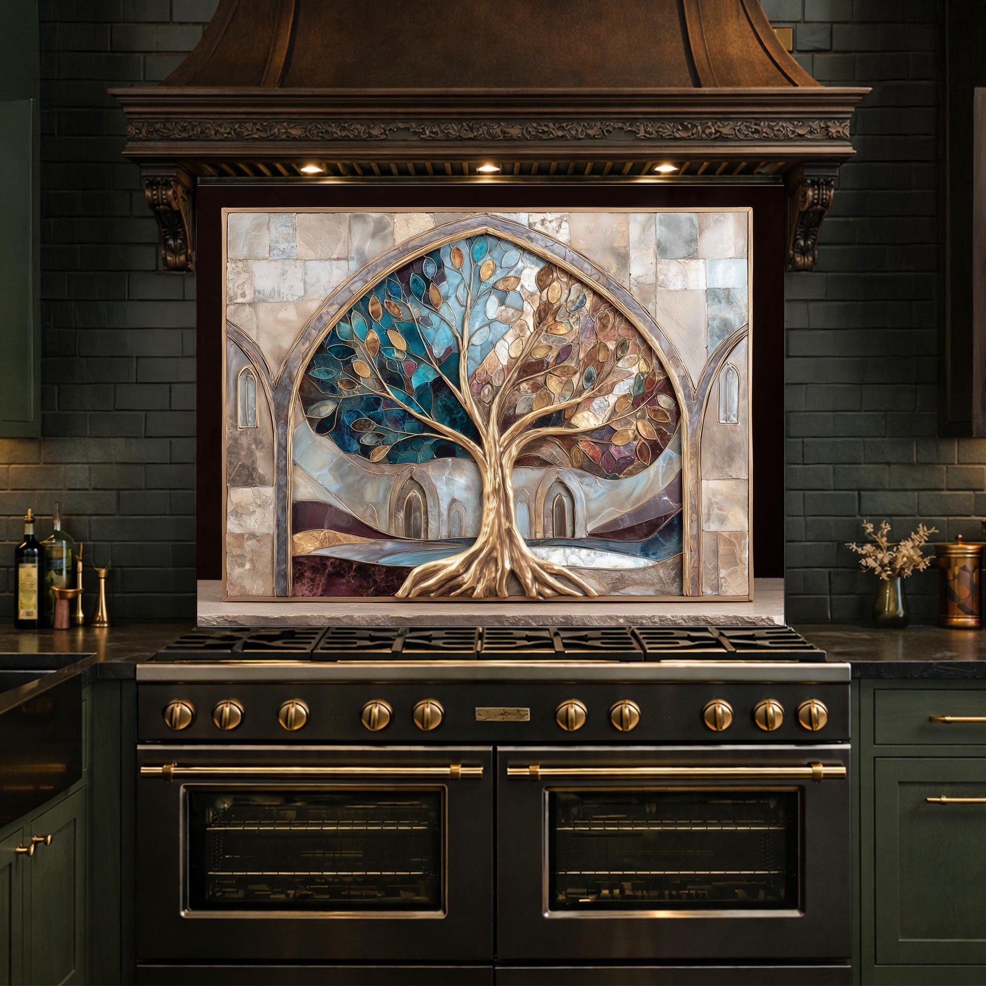 Tree of Life Glass Backsplash, Stained Glass Arch Kitchen Wall Panel