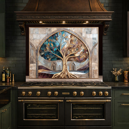 Tree of Life Glass Backsplash, Stained Glass Arch Kitchen Wall Panel