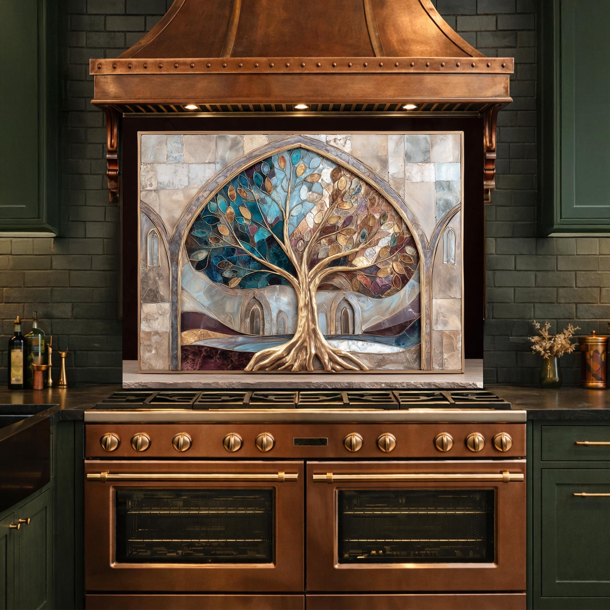 Tree of Life Glass Backsplash, Stained Glass Arch Kitchen Wall Panel