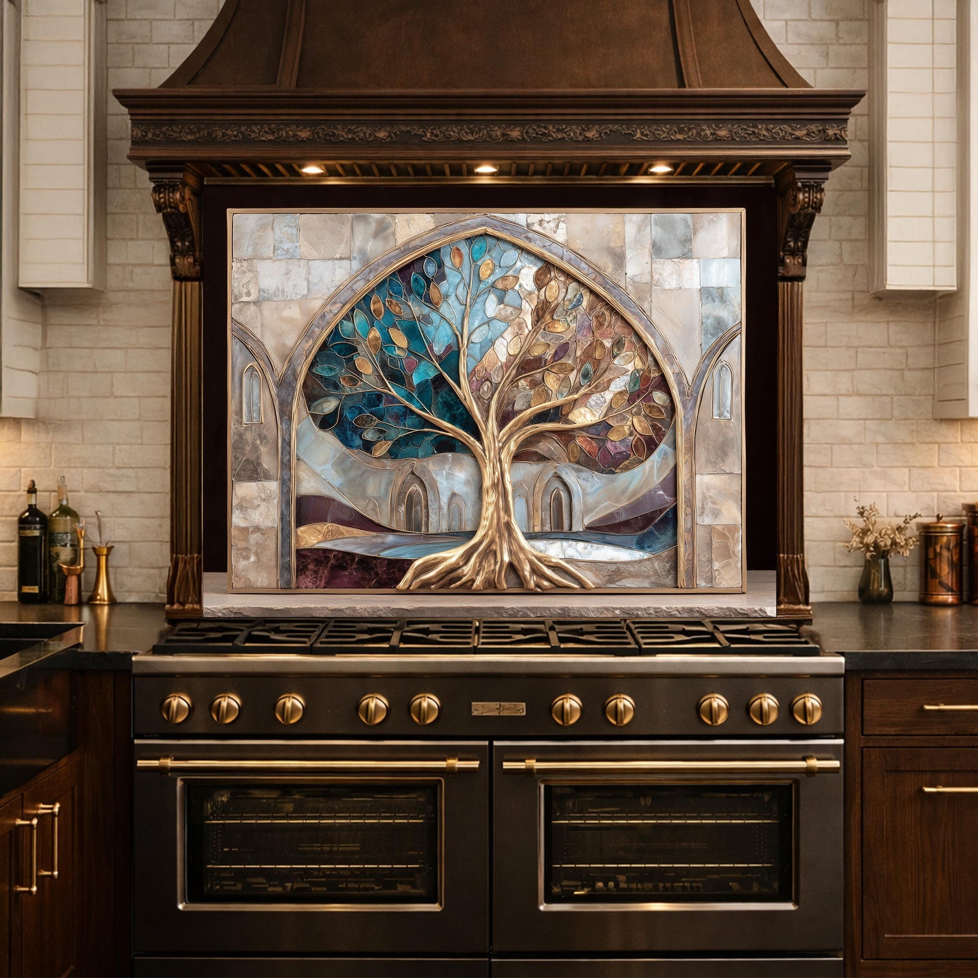 Tree of Life Glass Backsplash, Stained Glass Arch Kitchen Wall Panel