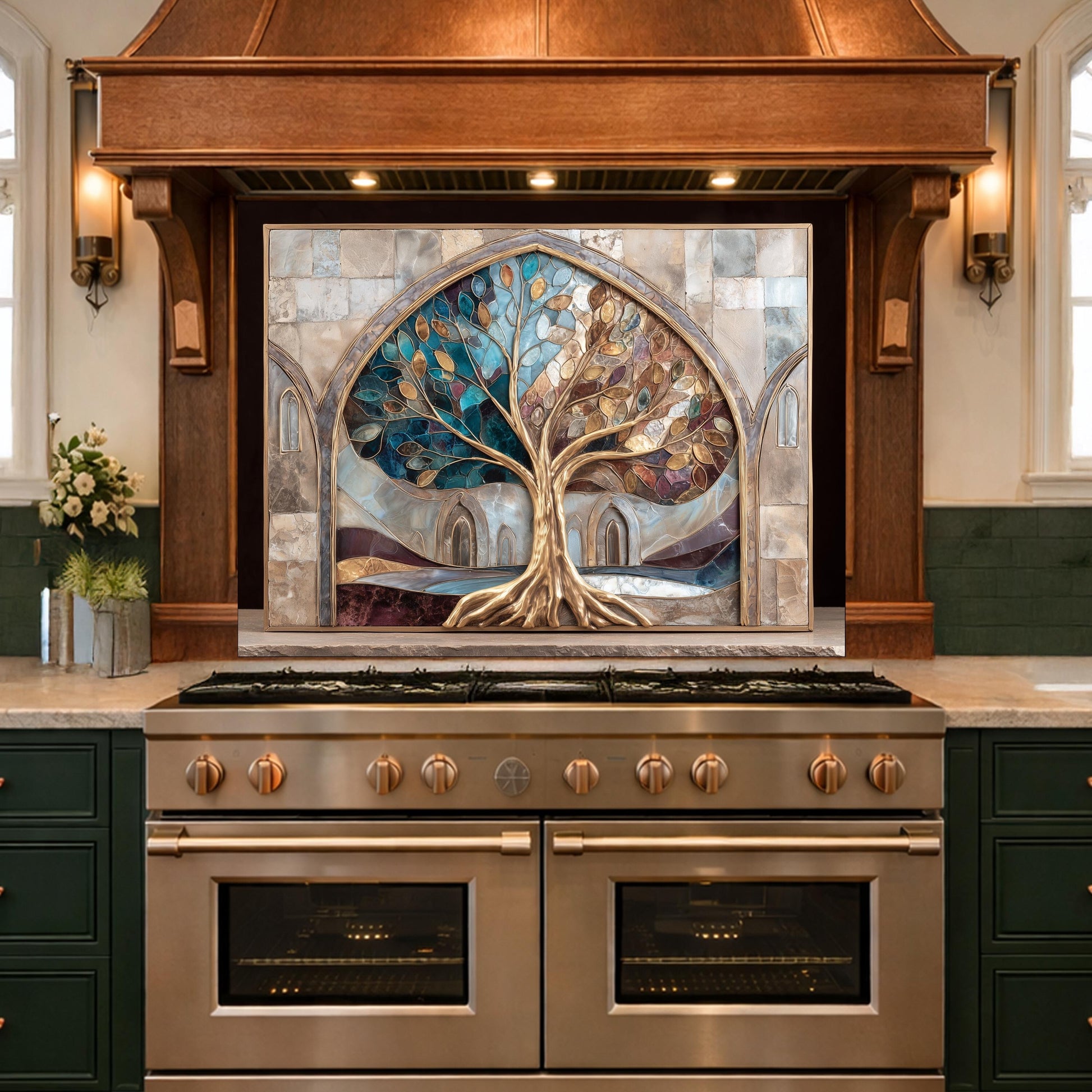Tree of Life Glass Backsplash, Stained Glass Arch Kitchen Wall Panel