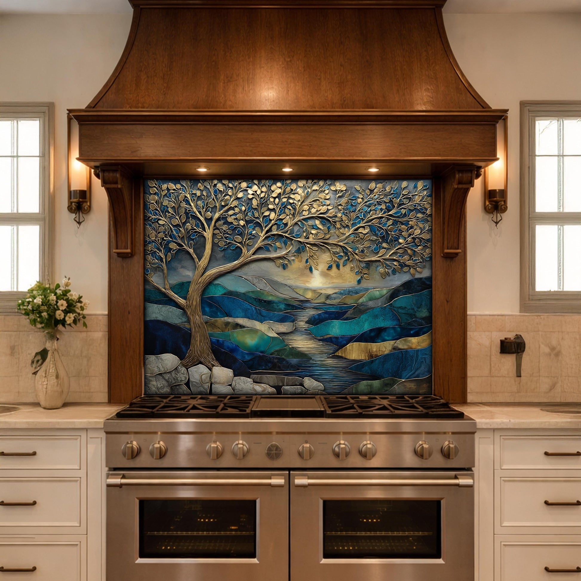 Tree of Life Glass Backsplash, Blue Gold Landscape Kitchen Wall Panel