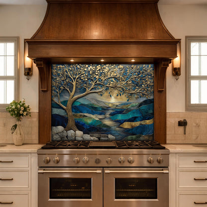 Tree of Life Glass Backsplash, Blue Gold Landscape Kitchen Wall Panel