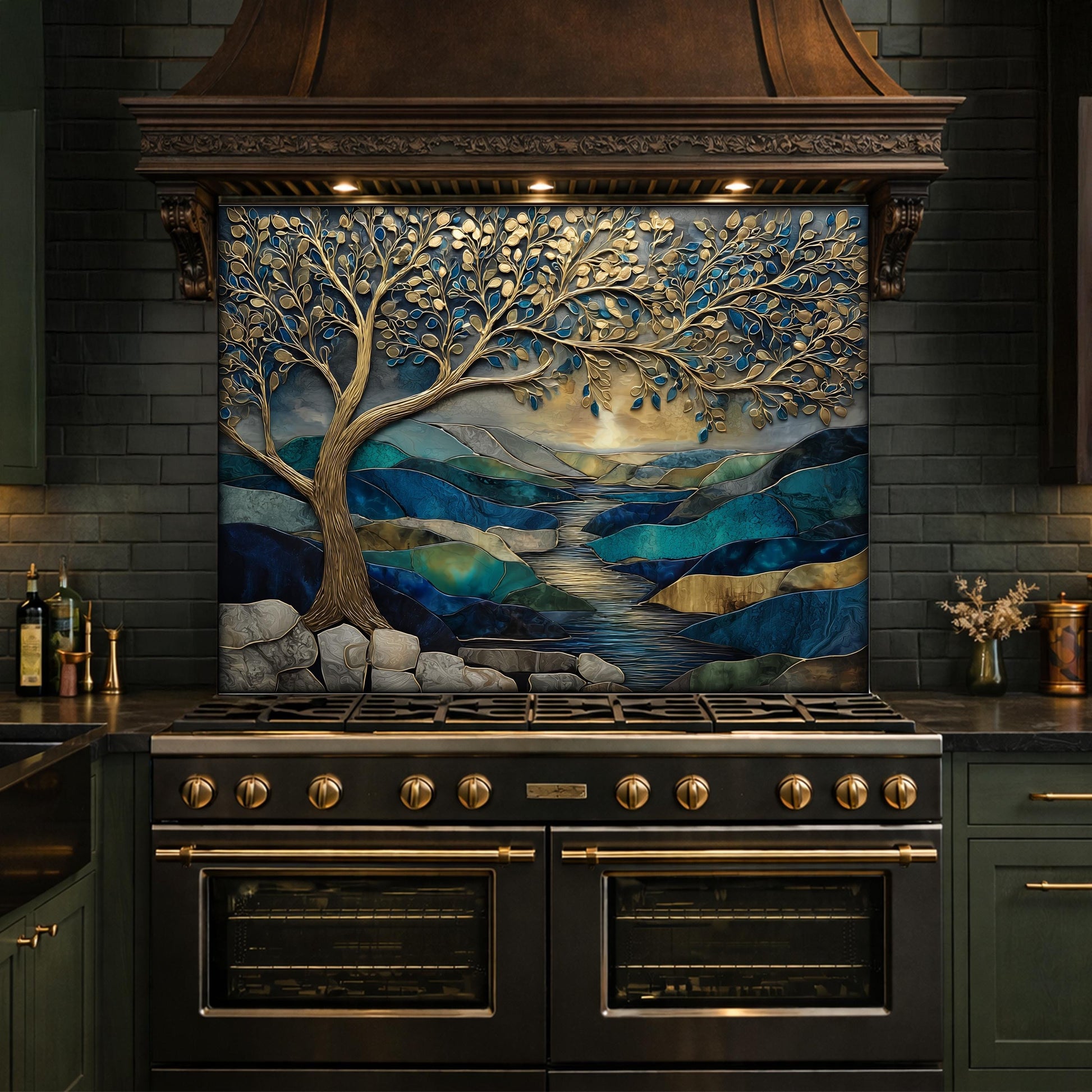 Tree of Life Glass Backsplash, Blue Gold Landscape Kitchen Wall Panel