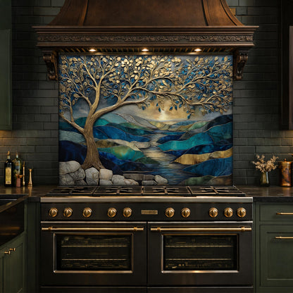 Tree of Life Glass Backsplash, Blue Gold Landscape Kitchen Wall Panel