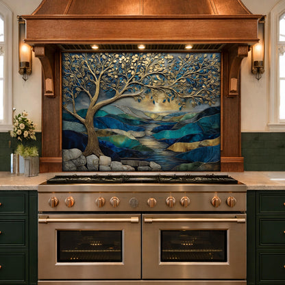 Tree of Life Glass Backsplash, Blue Gold Landscape Kitchen Wall Panel