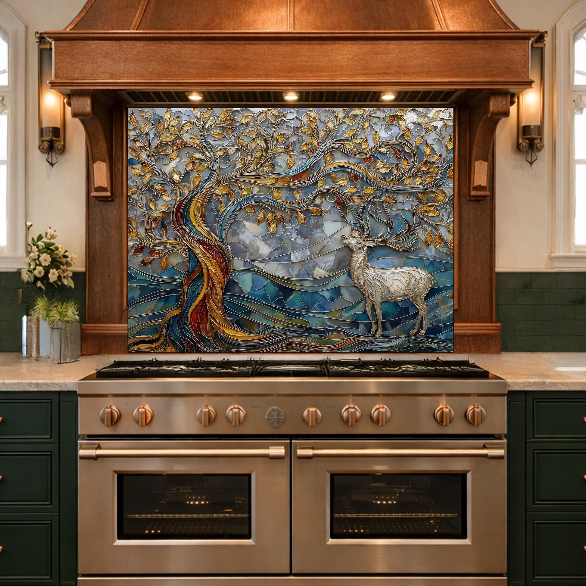 Tree of Life Glass Backsplash, Blue Gold Landscape Kitchen Wall Panel