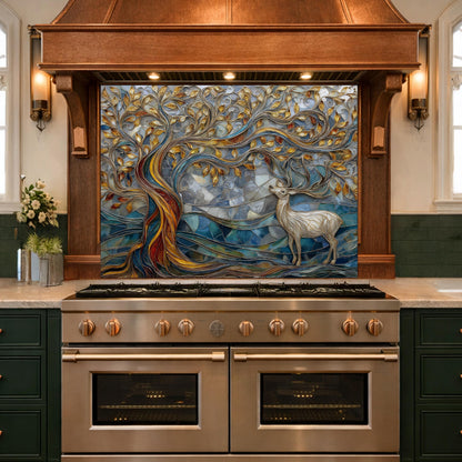 Tree of Life Glass Backsplash, Blue Gold Landscape Kitchen Wall Panel