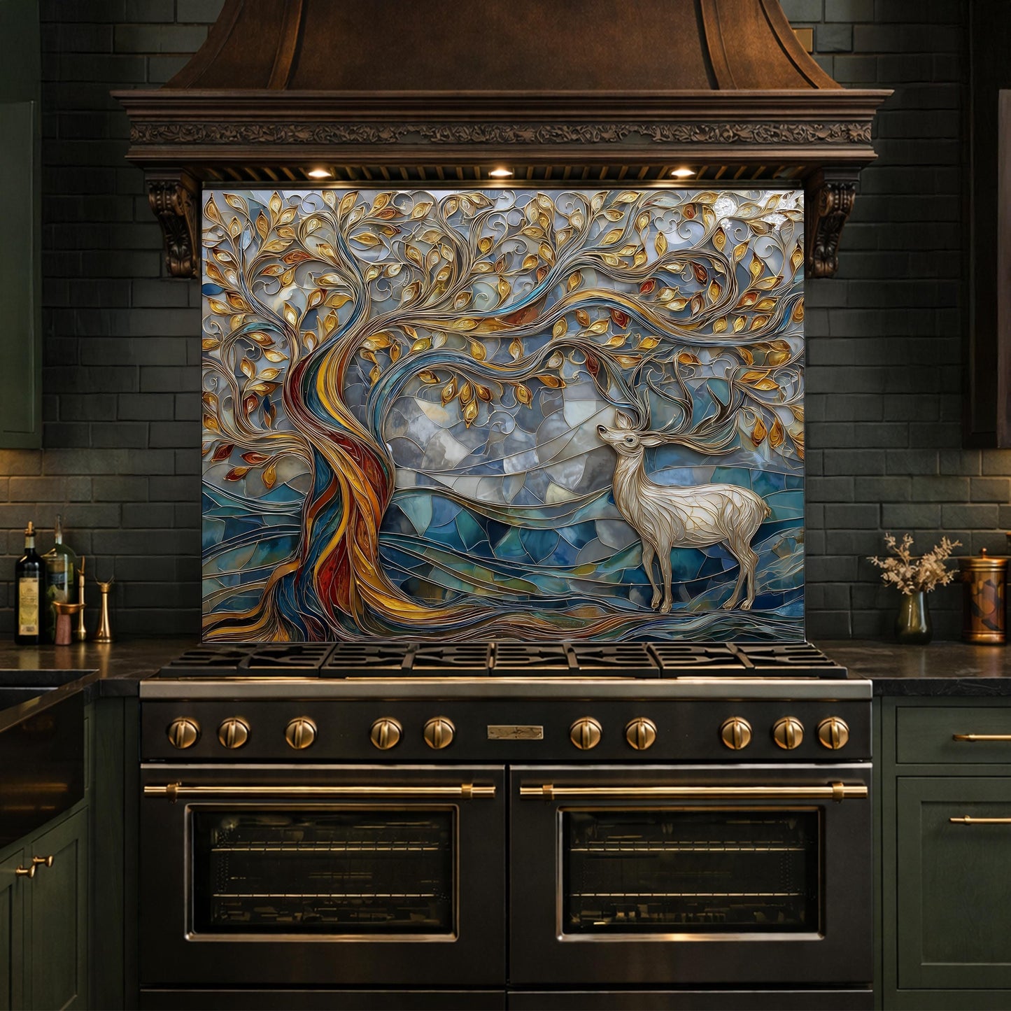 Tree of Life Glass Backsplash, Blue Gold Landscape Kitchen Wall Panel