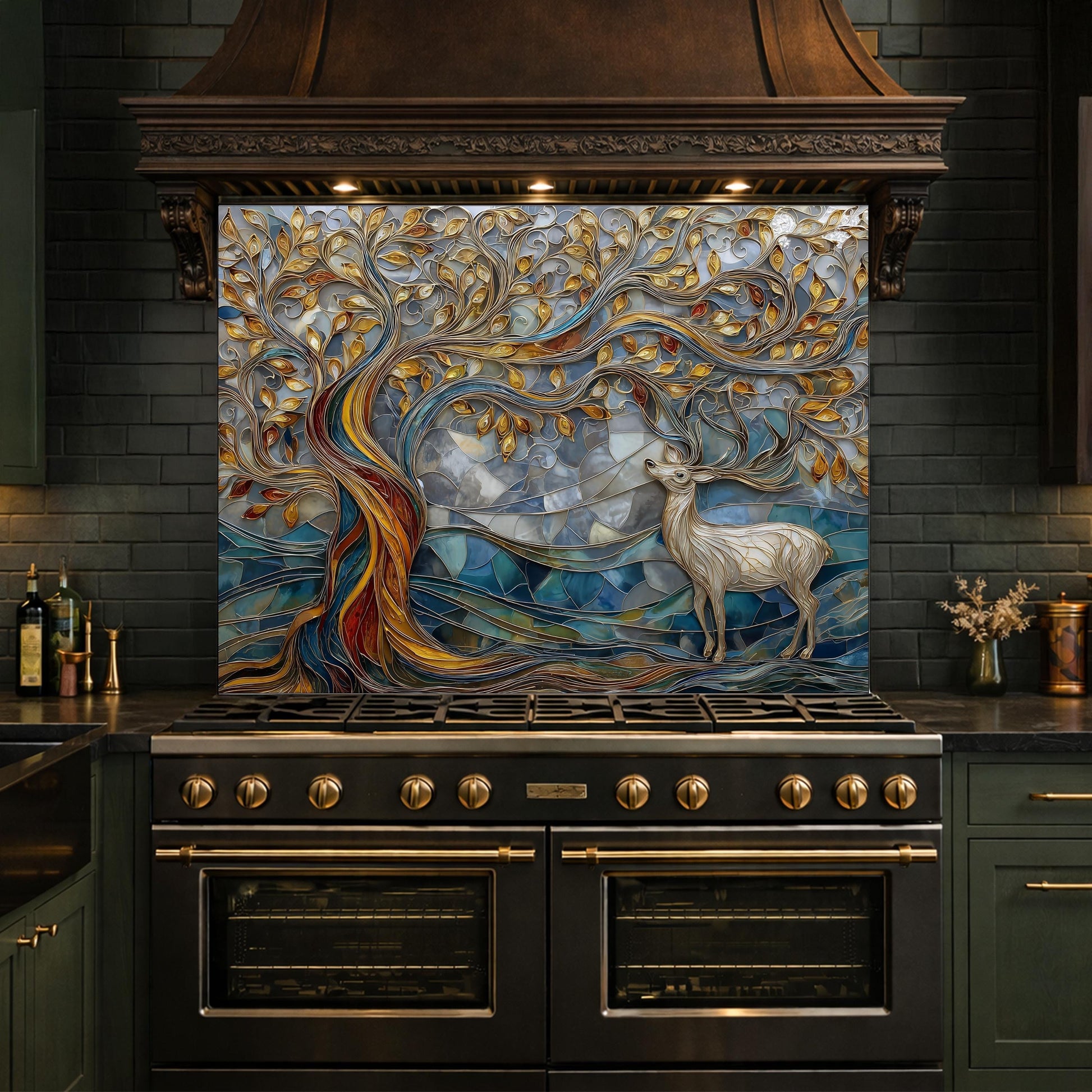 Tree of Life Glass Backsplash, Blue Gold Landscape Kitchen Wall Panel
