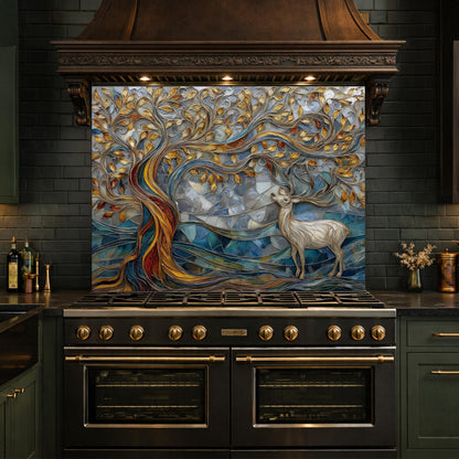 Tree of Life Glass Backsplash, Blue Gold Landscape Kitchen Wall Panel