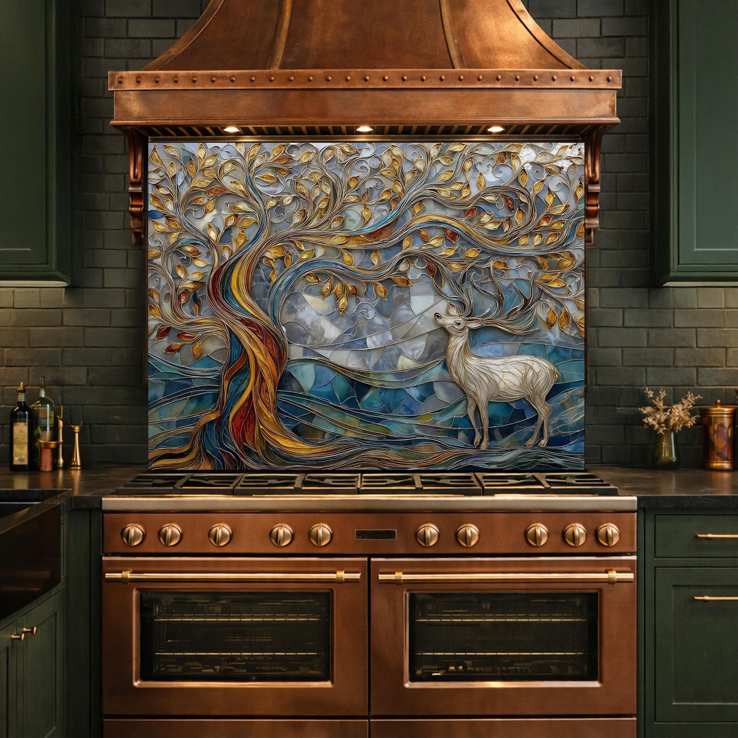 Tree of Life Glass Backsplash, Blue Gold Landscape Kitchen Wall Panel