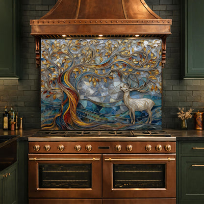 Tree of Life Glass Backsplash, Blue Gold Landscape Kitchen Wall Panel