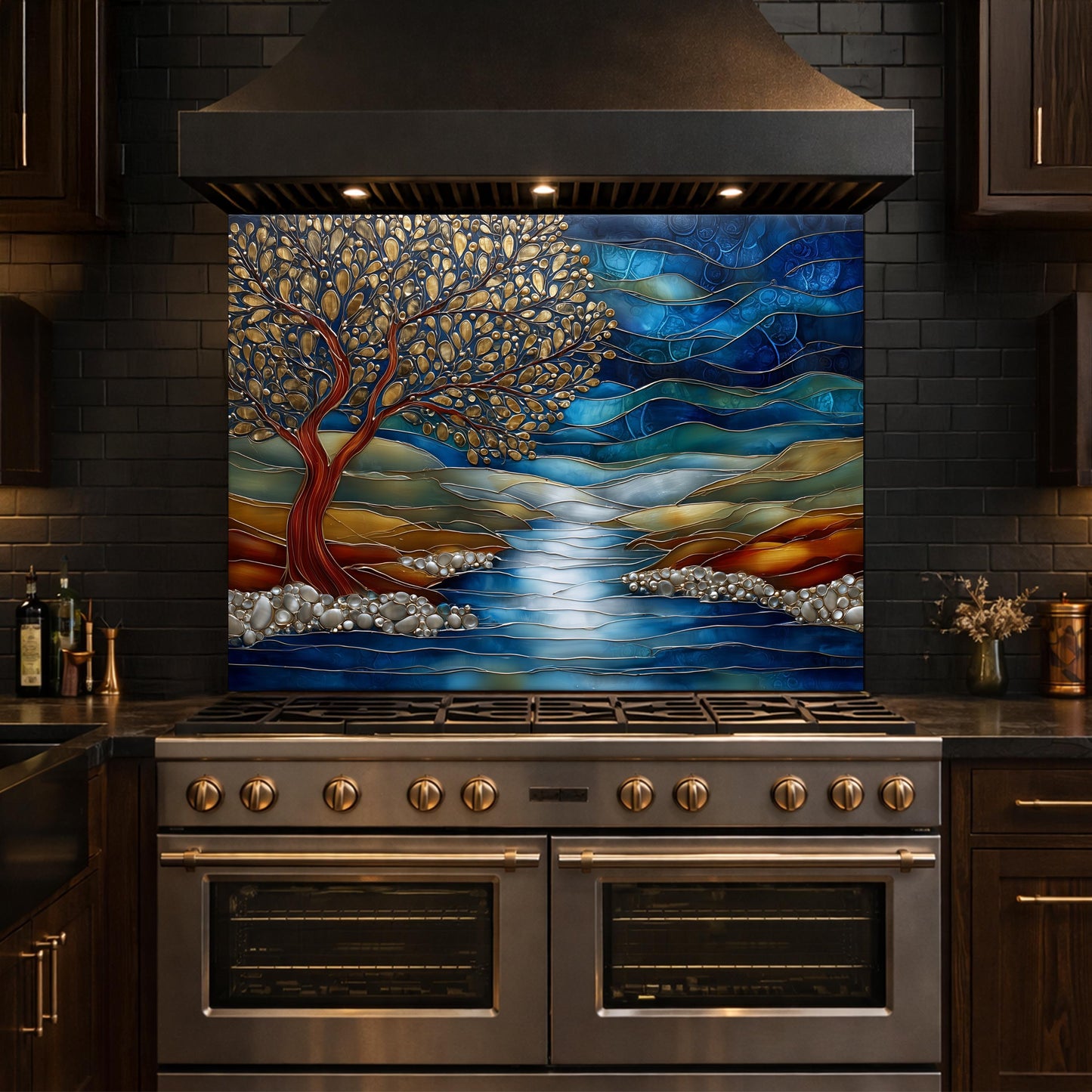 Tree of Life Glass Backsplash, Blue River Landscape Kitchen Wall Panel