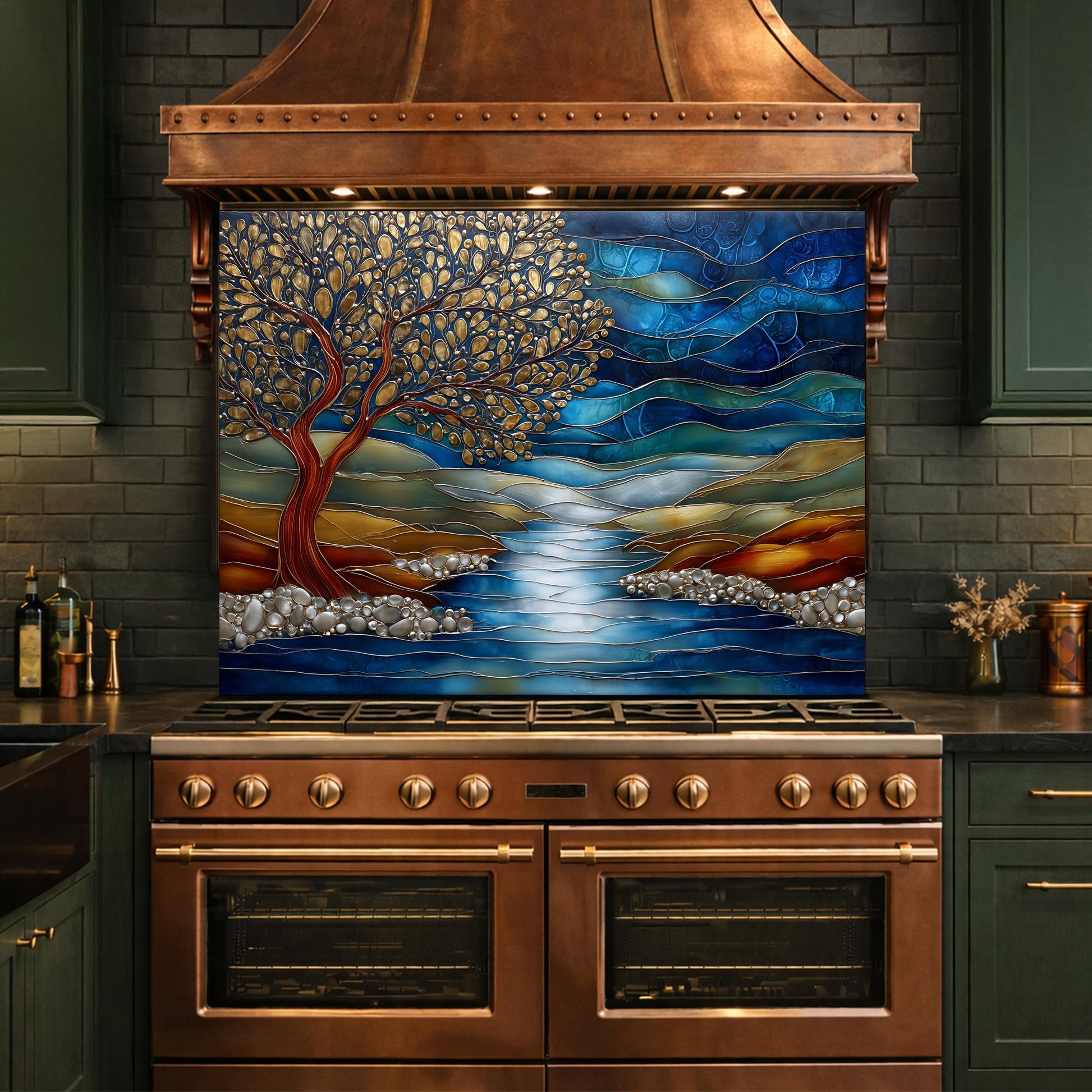 Tree of Life Glass Backsplash, Blue River Landscape Kitchen Wall Panel