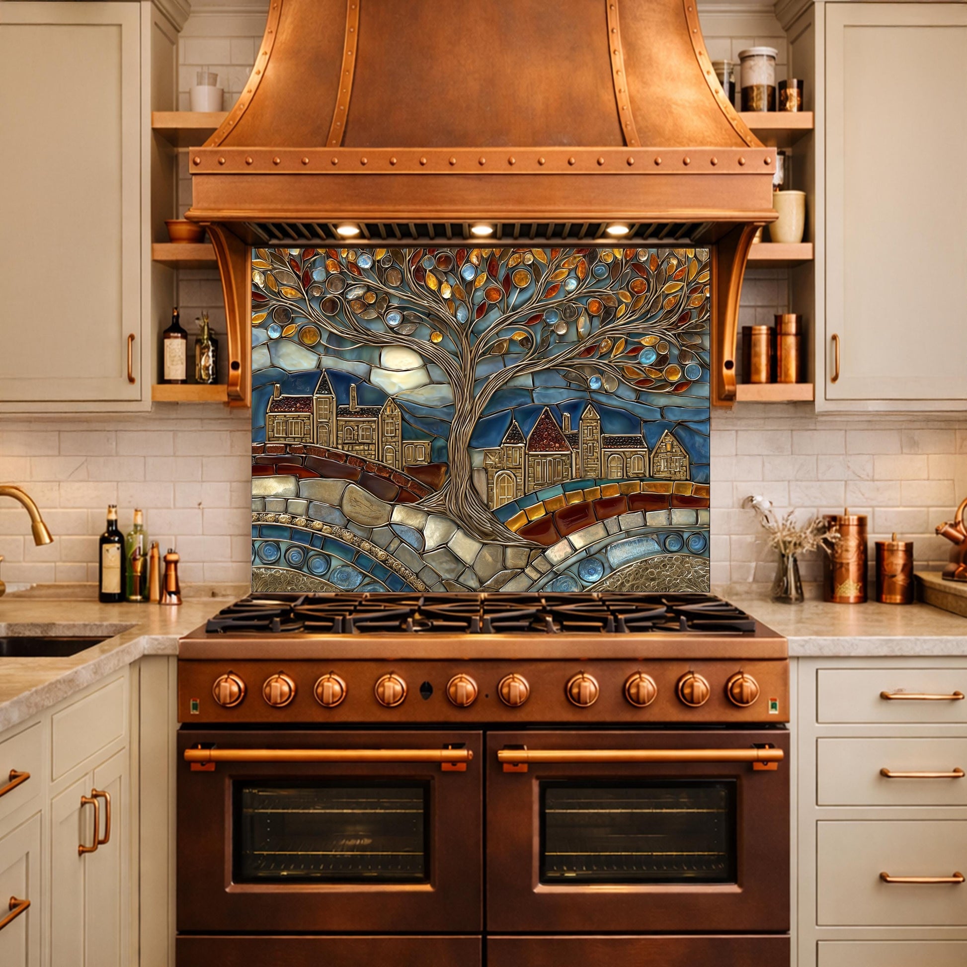 Tempered Glass Tree of Life Backsplash, Stained Mosaic Kitchen Wall Art