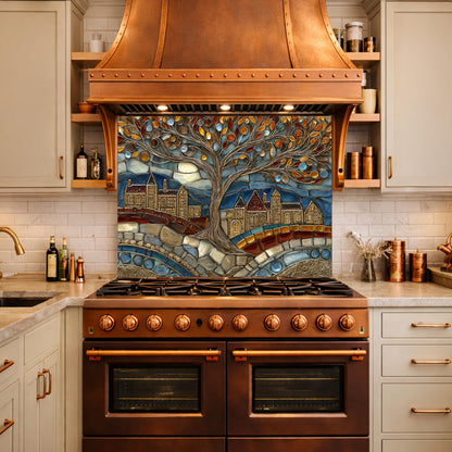 Tempered Glass Tree of Life Backsplash, Stained Mosaic Kitchen Wall Art