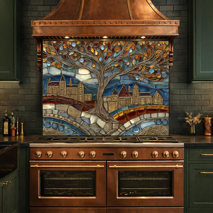 Tempered Glass Tree of Life Backsplash, Stained Mosaic Kitchen Wall Art
