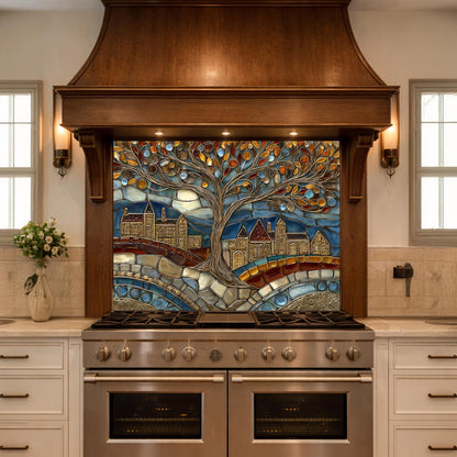 Tempered Glass Tree of Life Backsplash, Stained Mosaic Kitchen Wall Art