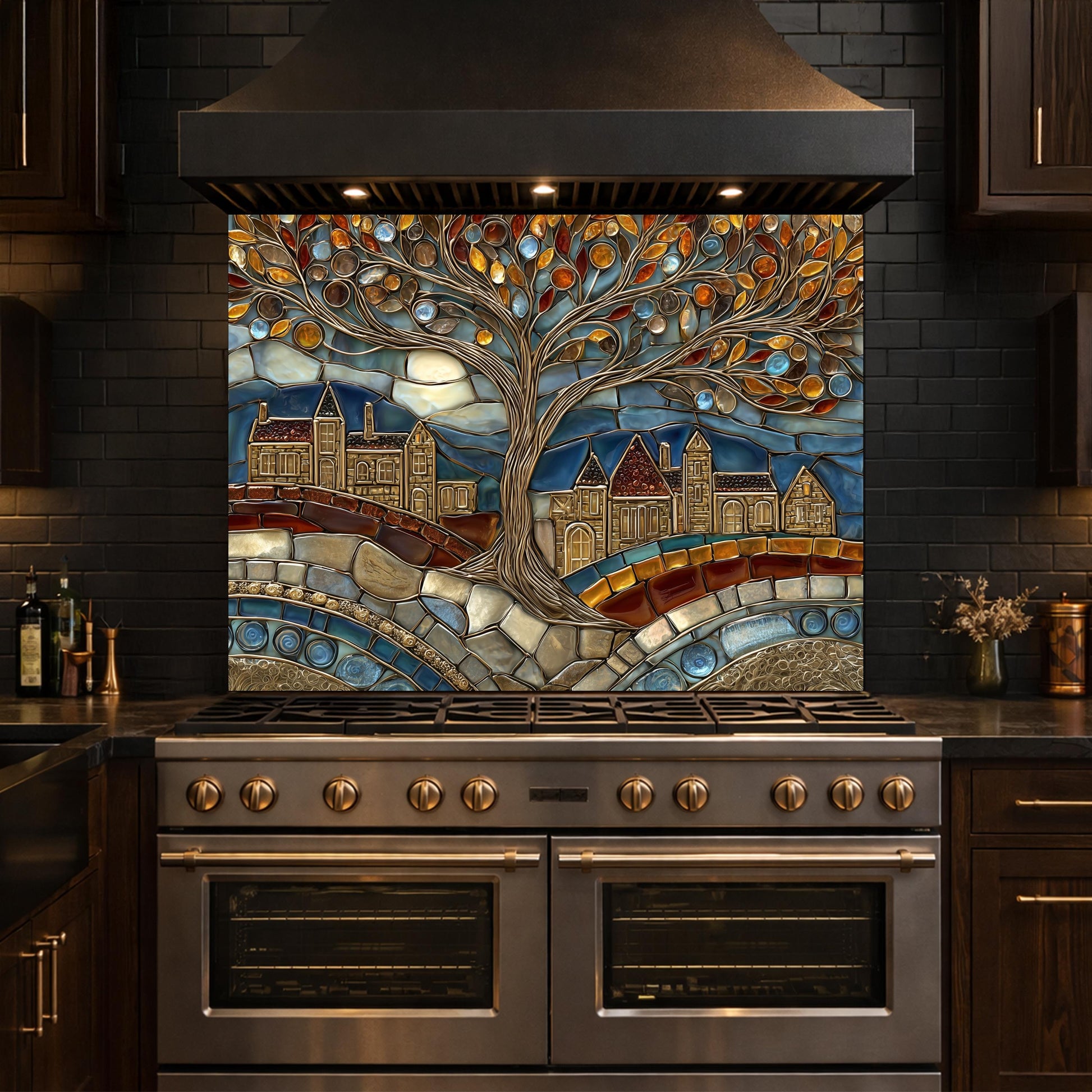Tempered Glass Tree of Life Backsplash, Stained Mosaic Kitchen Wall Art
