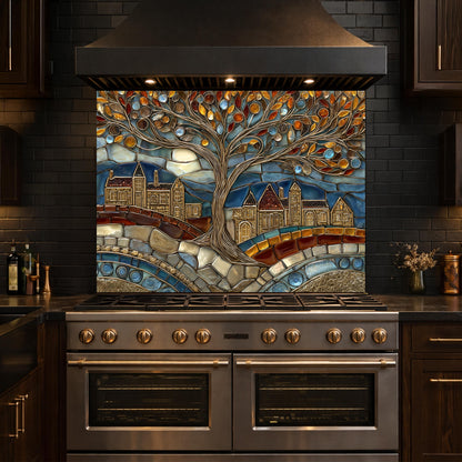 Tempered Glass Tree of Life Backsplash, Stained Mosaic Kitchen Wall Art