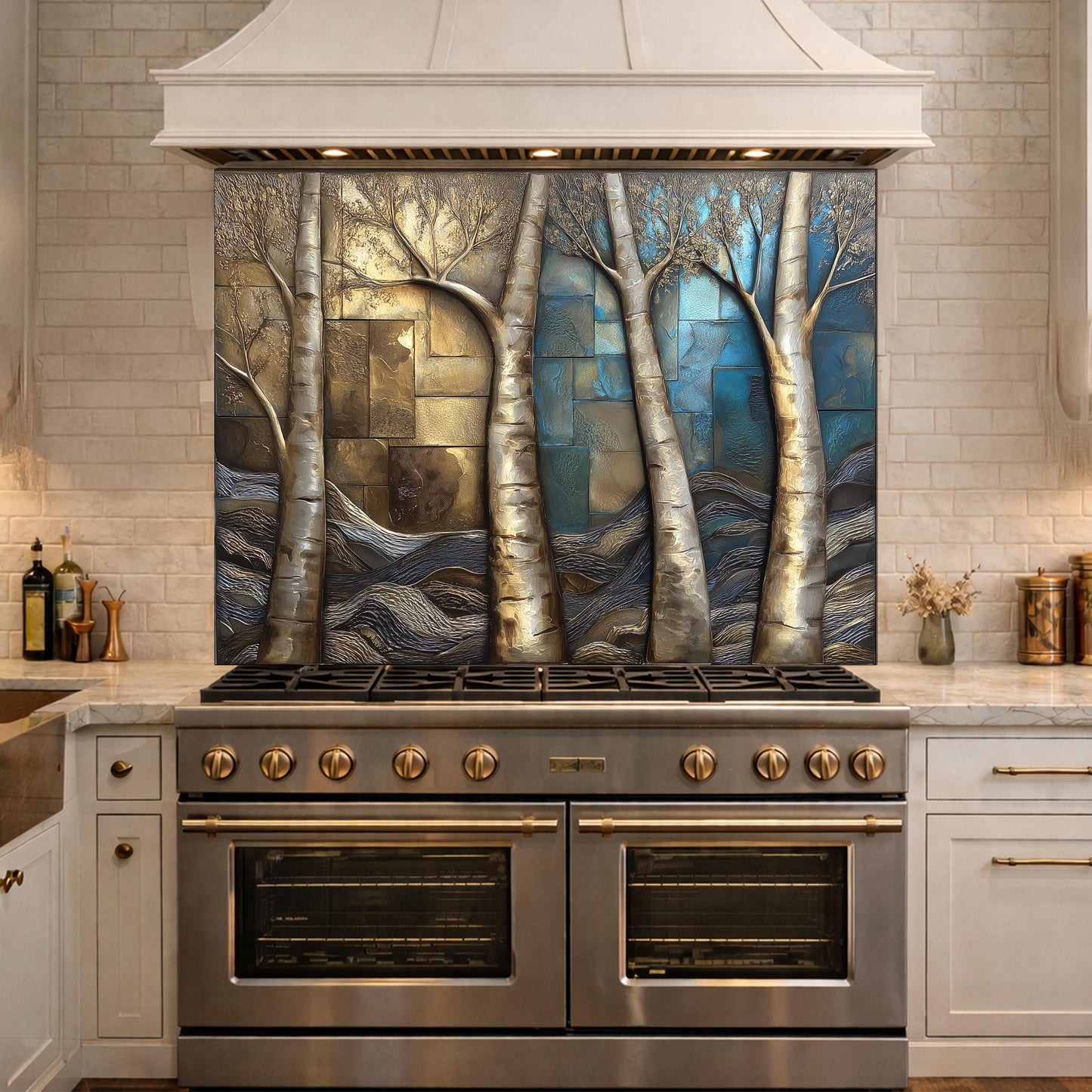 Birch Tree Kitchen Panel, Tempered Glass Mosaic Splashback, Rustic Forest Nature Art