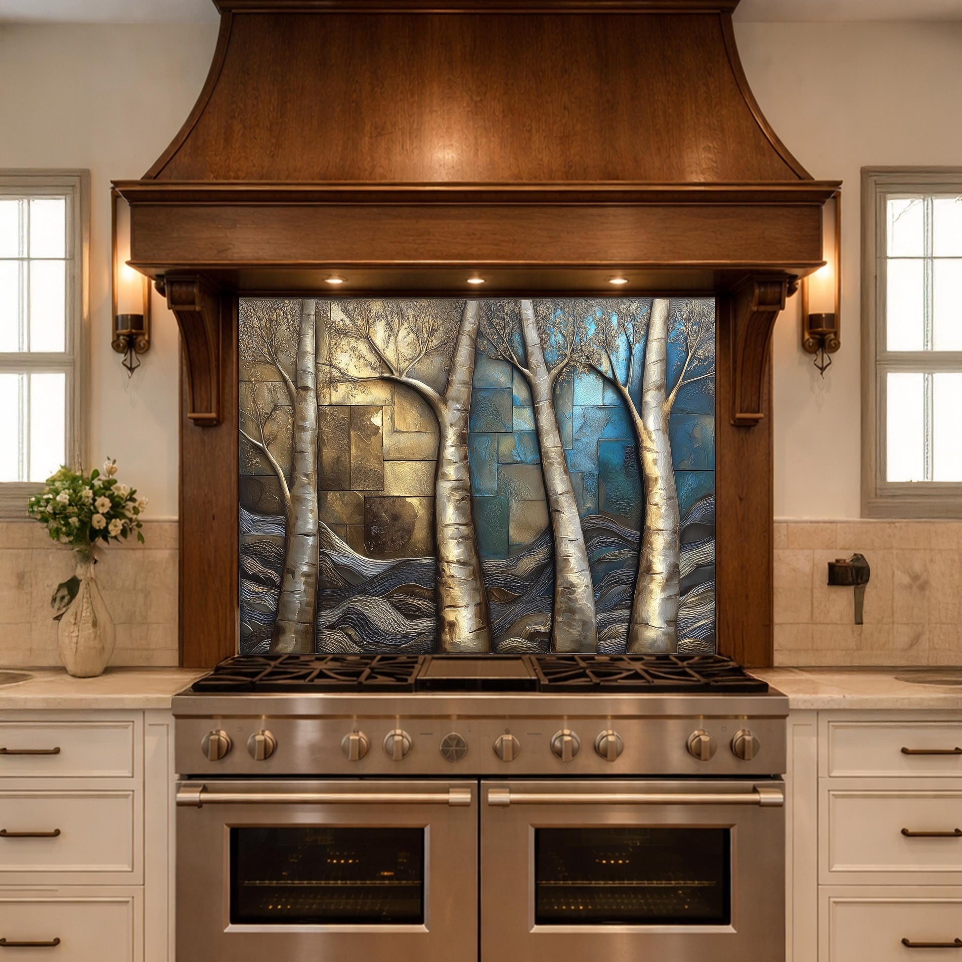 Birch Tree Kitchen Panel, Tempered Glass Mosaic Splashback, Rustic Forest Nature Art