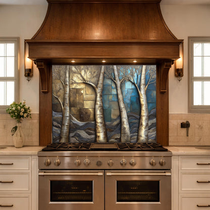 Birch Tree Kitchen Panel, Tempered Glass Mosaic Splashback, Rustic Forest Nature Art
