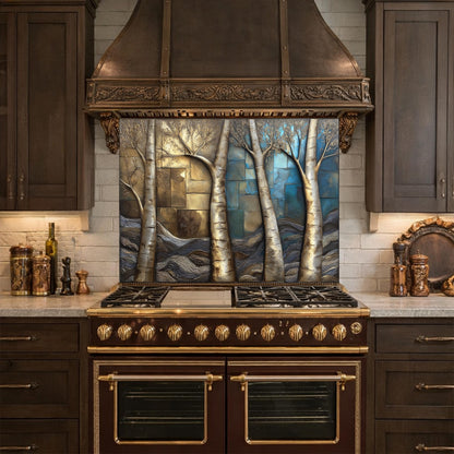 Birch Tree Kitchen Panel, Tempered Glass Mosaic Splashback, Rustic Forest Nature Art
