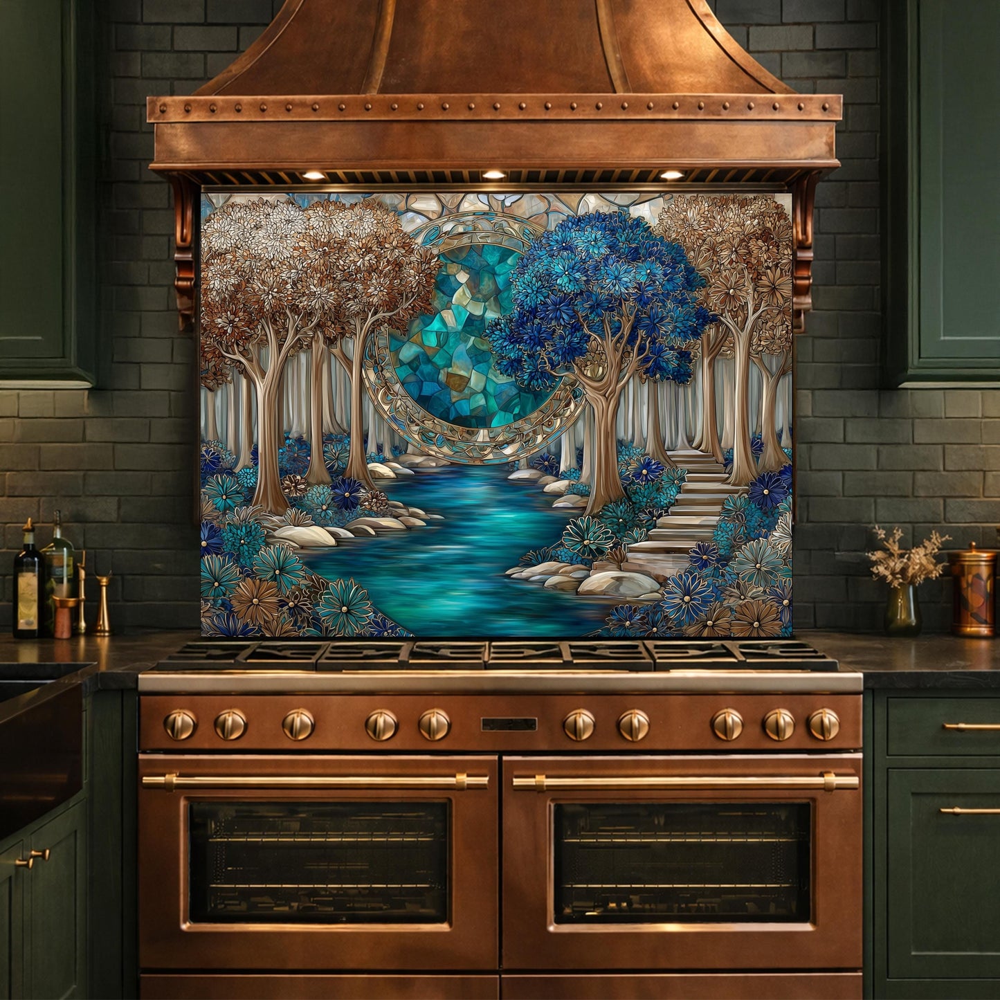 Tempered Glass Kitchen Panel, Forest River Mosaic Splashback, Blue Floral Nature Art