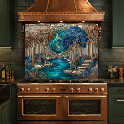Tempered Glass Kitchen Panel, Forest River Mosaic Splashback, Blue Floral Nature Art