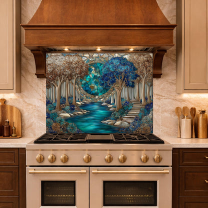 Tempered Glass Kitchen Panel, Forest River Mosaic Splashback, Blue Floral Nature Art