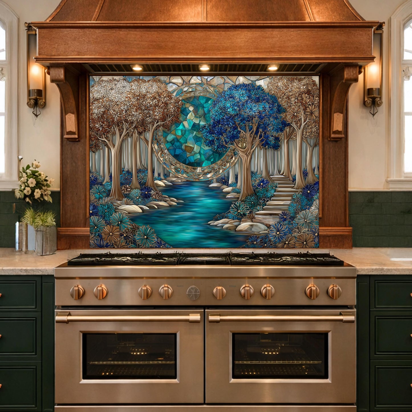 Tempered Glass Kitchen Panel, Forest River Mosaic Splashback, Blue Floral Nature Art