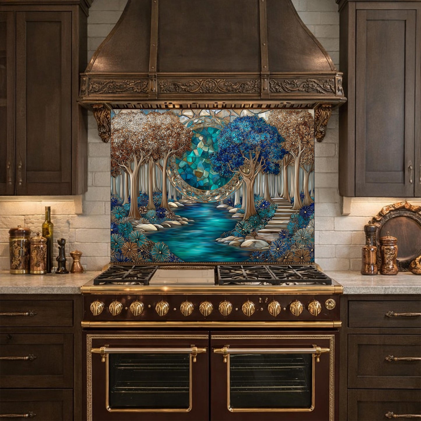 Tempered Glass Kitchen Panel, Forest River Mosaic Splashback, Blue Floral Nature Art