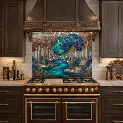Tempered Glass Kitchen Panel, Forest River Mosaic Splashback, Blue Floral Nature Art